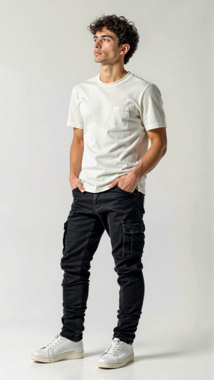 Herr Slim Fit Cargo Jeans Tapered Streetwear Denim Byxor