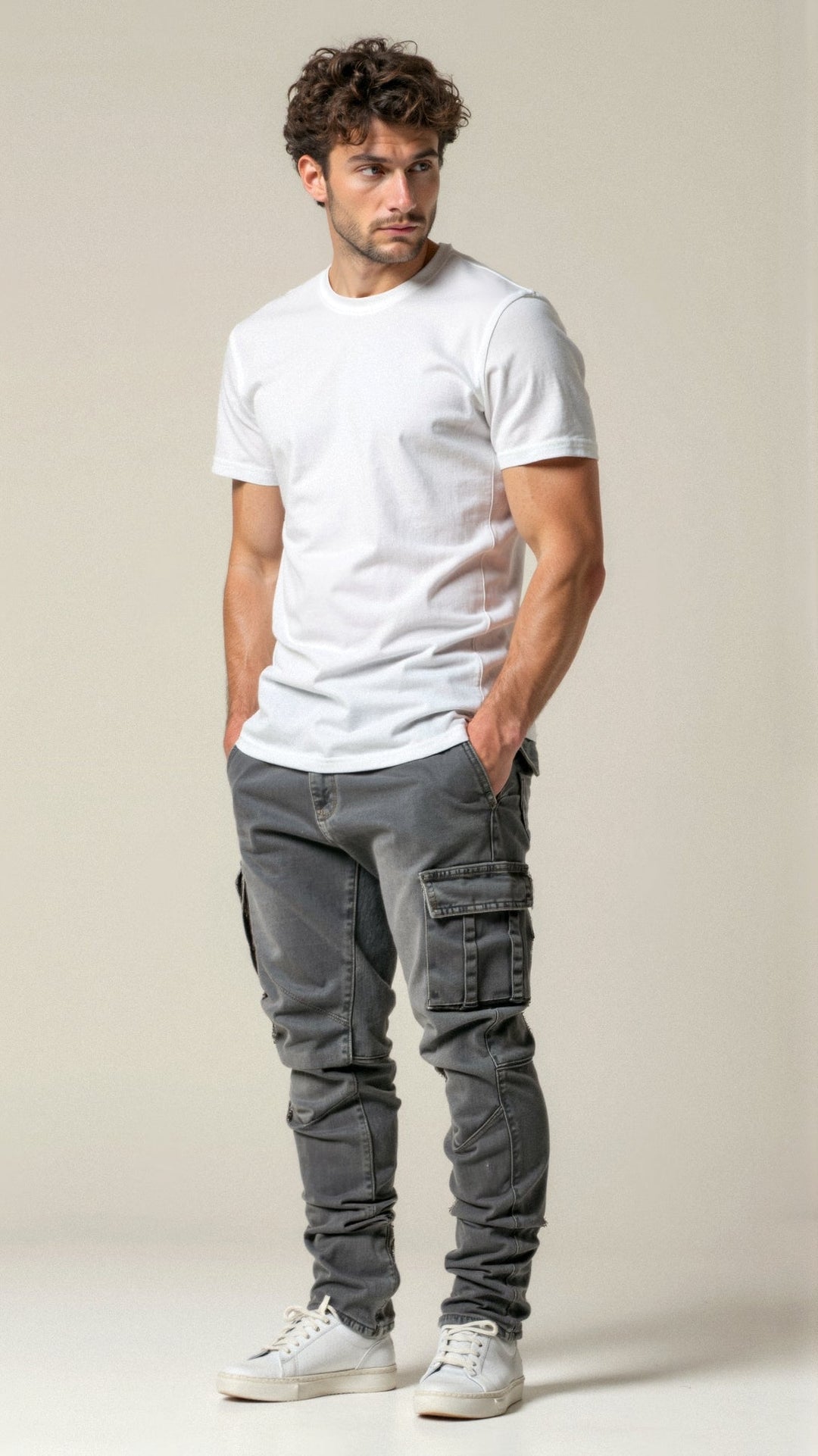 Herr Slim Fit Cargo Jeans Tapered Streetwear Denim Byxor