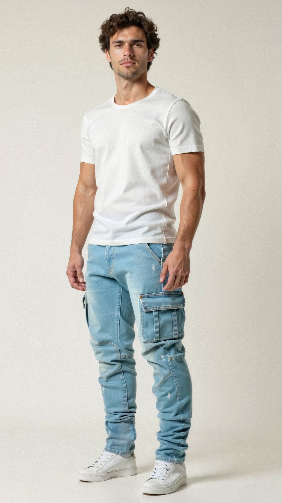 Herr Slim Fit Cargo Jeans Tapered Streetwear Denim Byxor
