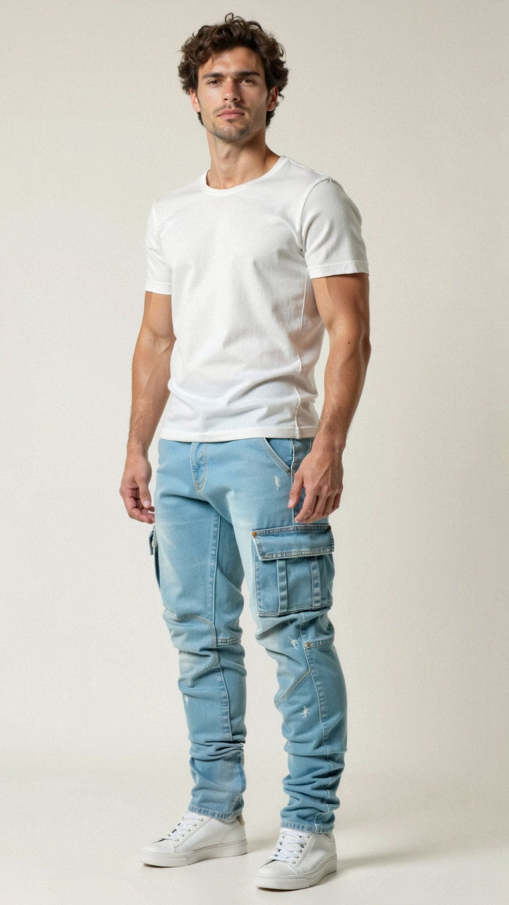 Herr Slim Fit Cargo Jeans Tapered Streetwear Denim Byxor