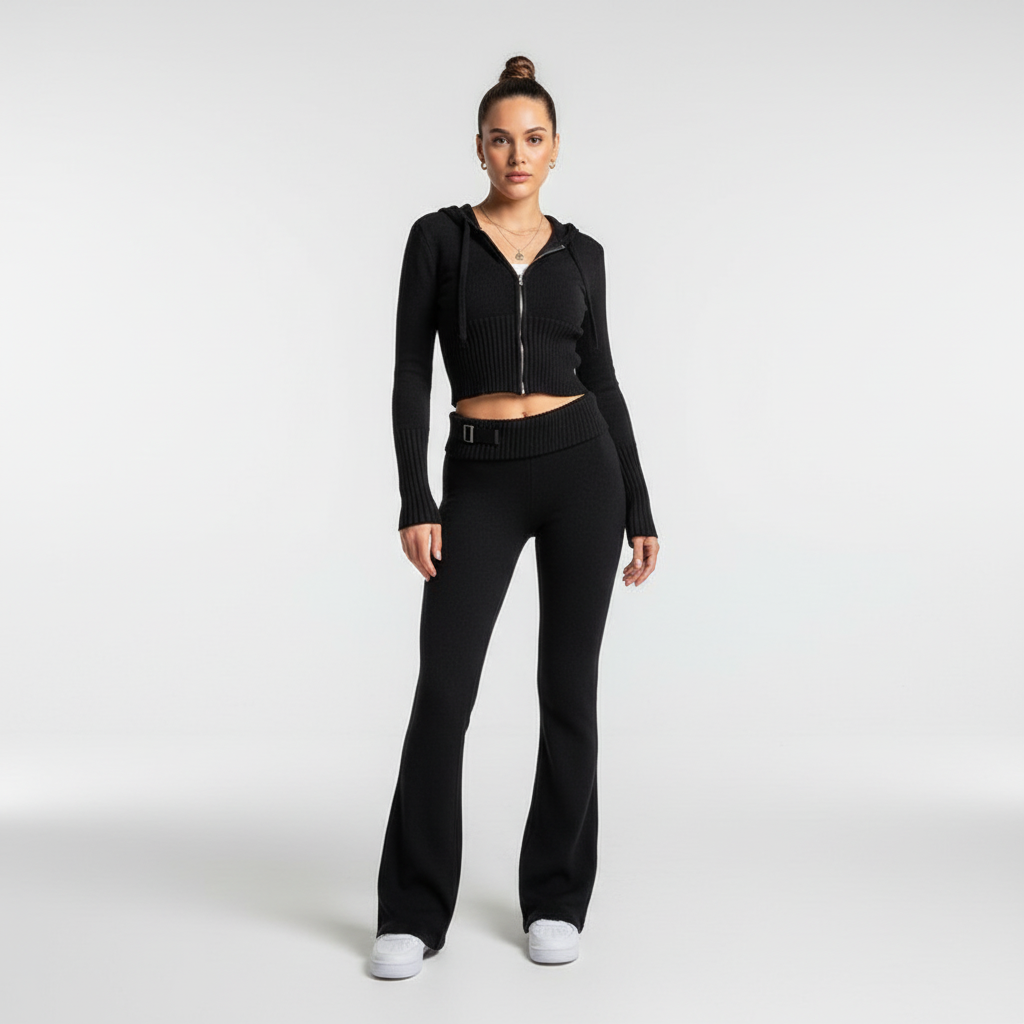 Kvinnors Cropped Zip-Up Loungewear Set – Högmidjade Utsvängda Byxor för Höst och Vinter
