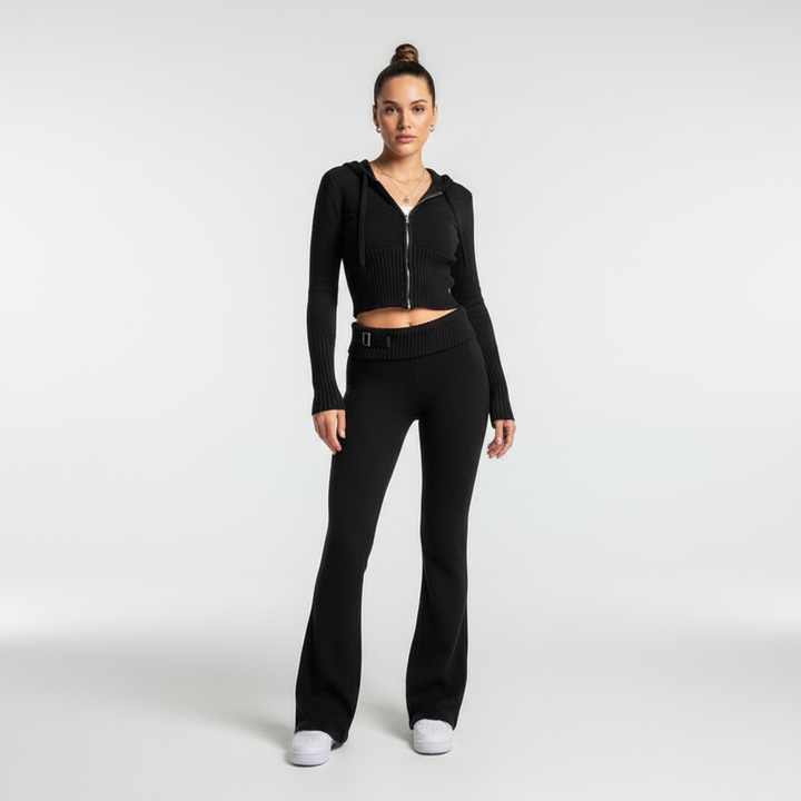 Kvinnors Cropped Zip-Up Loungewear Set – Högmidjade Utsvängda Byxor för Höst och Vinter