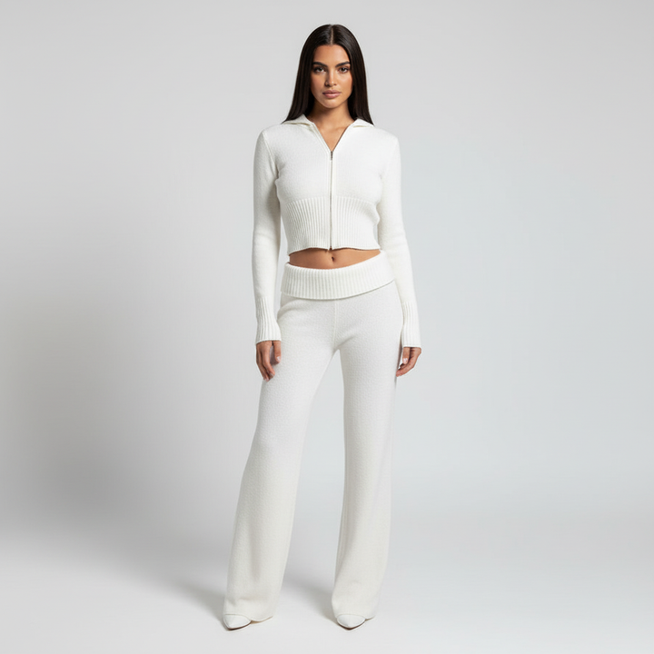 Kvinnors Cropped Zip-Up Loungewear Set – Högmidjade Utsvängda Byxor för Höst och Vinter