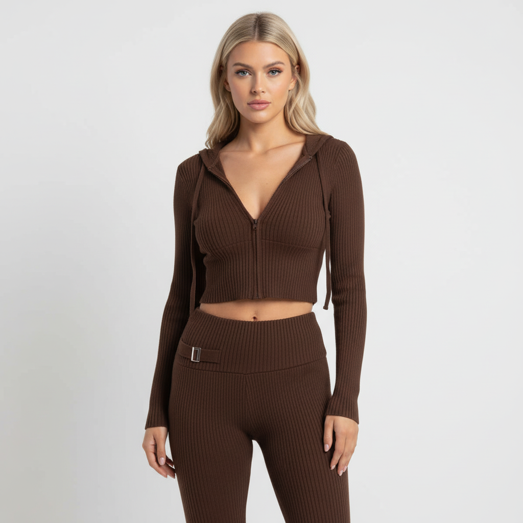 Kvinnors Cropped Zip-Up Loungewear Set – Högmidjade Utsvängda Byxor för Höst och Vinter