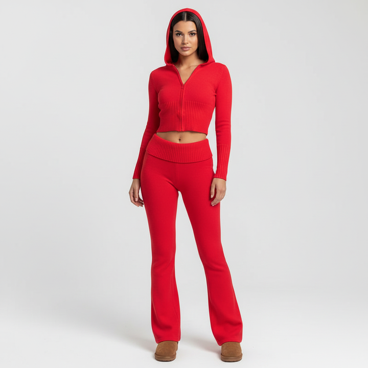 Kvinnors Cropped Zip-Up Loungewear Set – Högmidjade Utsvängda Byxor för Höst och Vinter