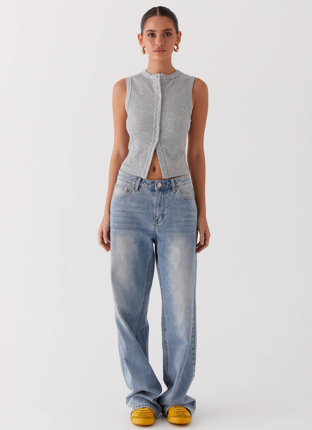 Kvinnors Ribbade Knappad Tanktop Croppad Ärmlös Passform