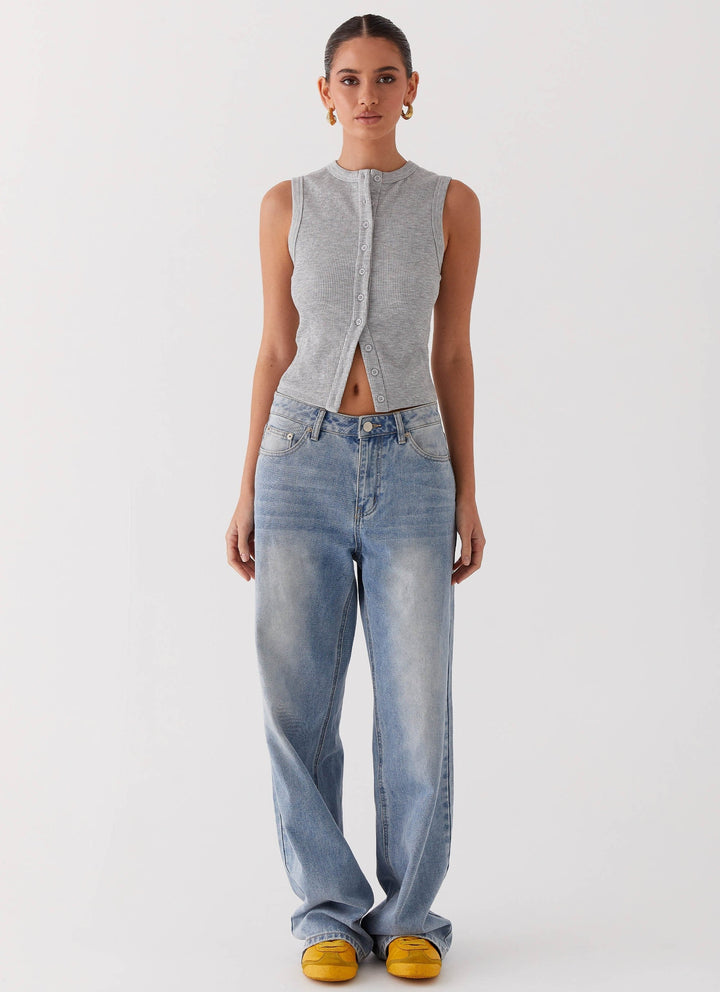 Kvinnors Ribbade Knappad Tanktop Croppad Ärmlös Passform