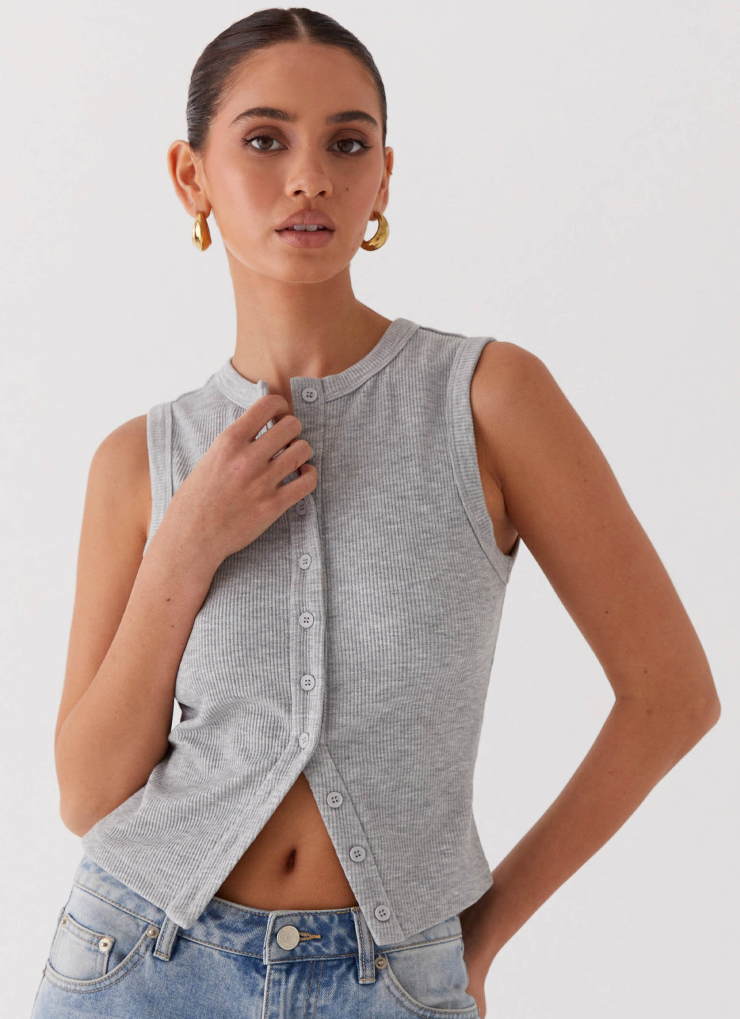 Kvinnors Ribbade Knappad Tanktop Croppad Ärmlös Passform