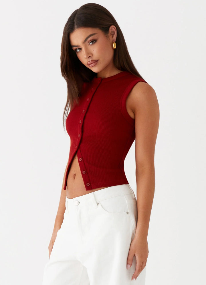 Kvinnors Ribbade Knappad Tanktop Croppad Ärmlös Passform