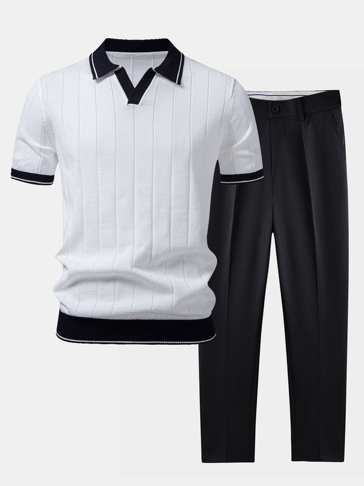 Herr Stickad Polo &amp; Taperade Byxor Set | Smart Casual Koord | Kontrast Trim