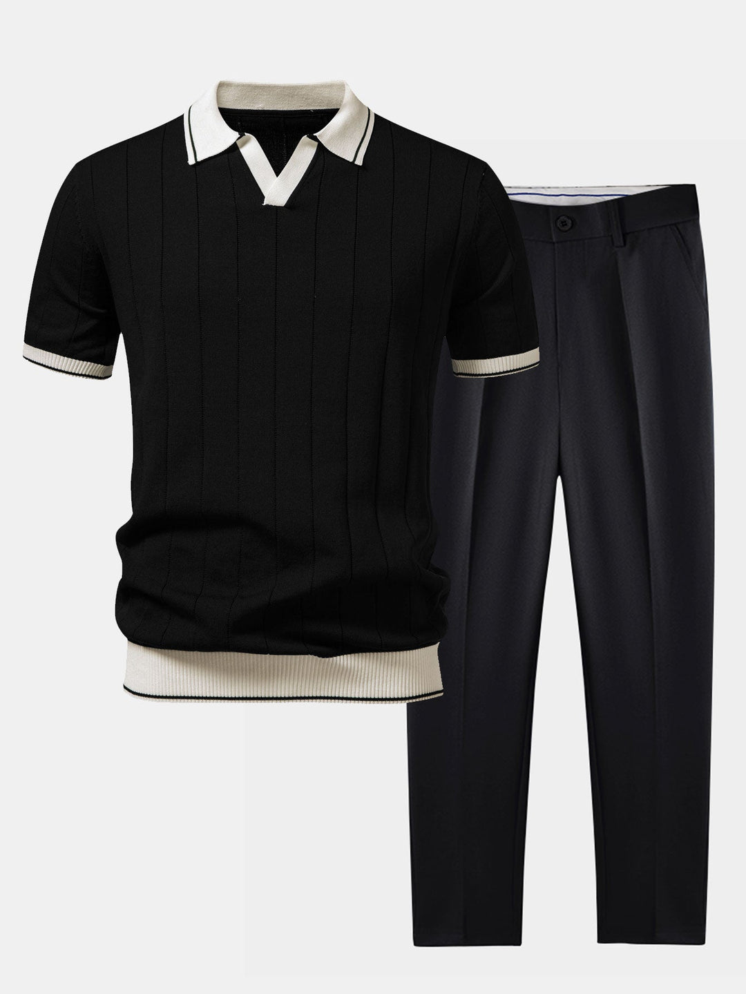 Herr Stickad Polo &amp; Taperade Byxor Set | Smart Casual Koord | Kontrast Trim