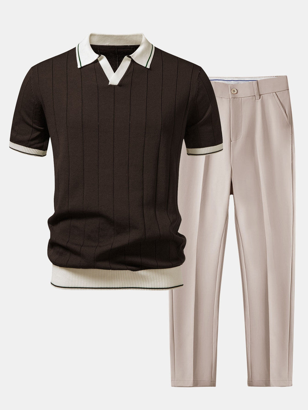 Herr Stickad Polo &amp; Taperade Byxor Set | Smart Casual Koord | Kontrast Trim