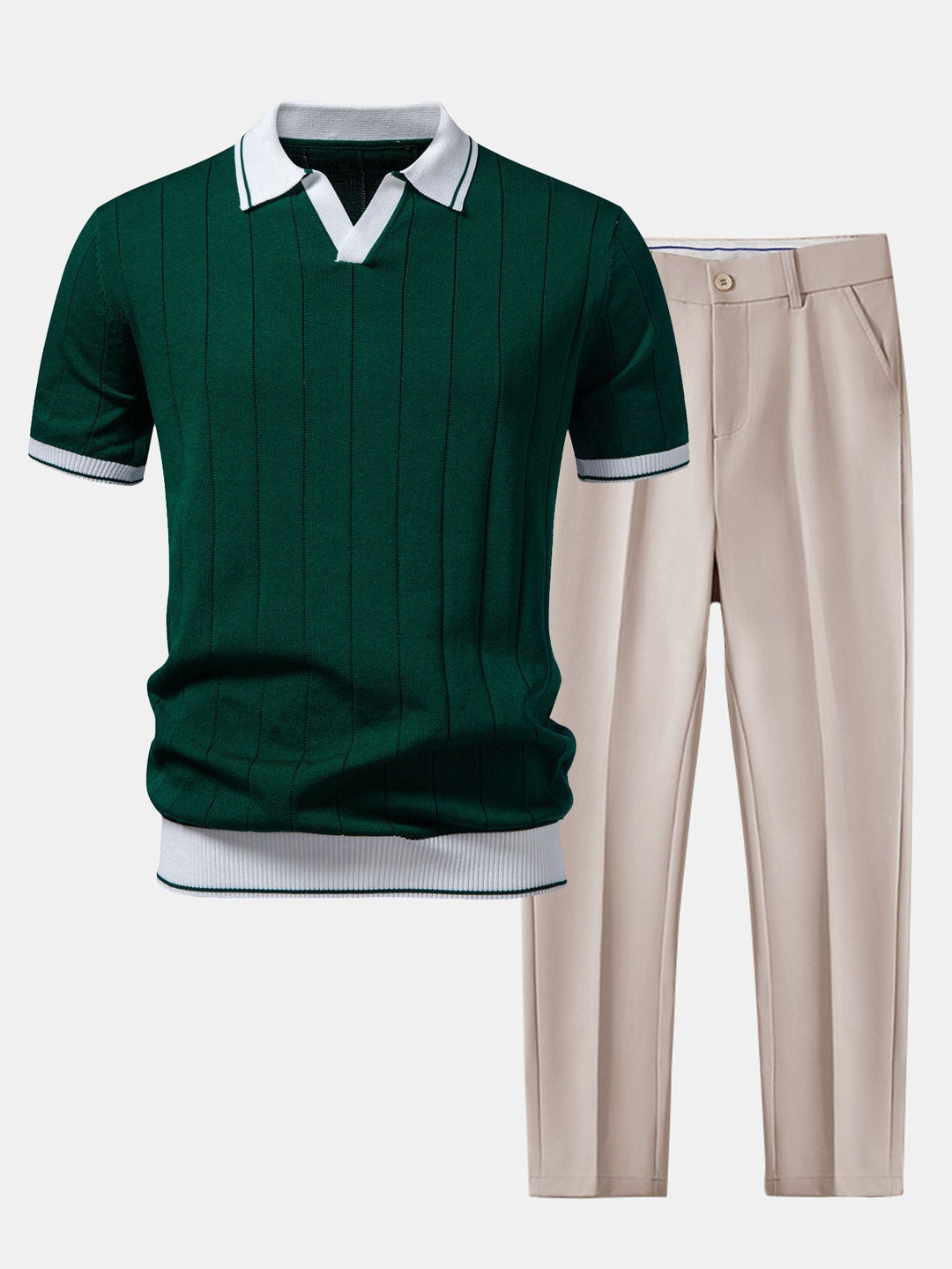 Herr Stickad Polo &amp; Taperade Byxor Set | Smart Casual Koord | Kontrast Trim