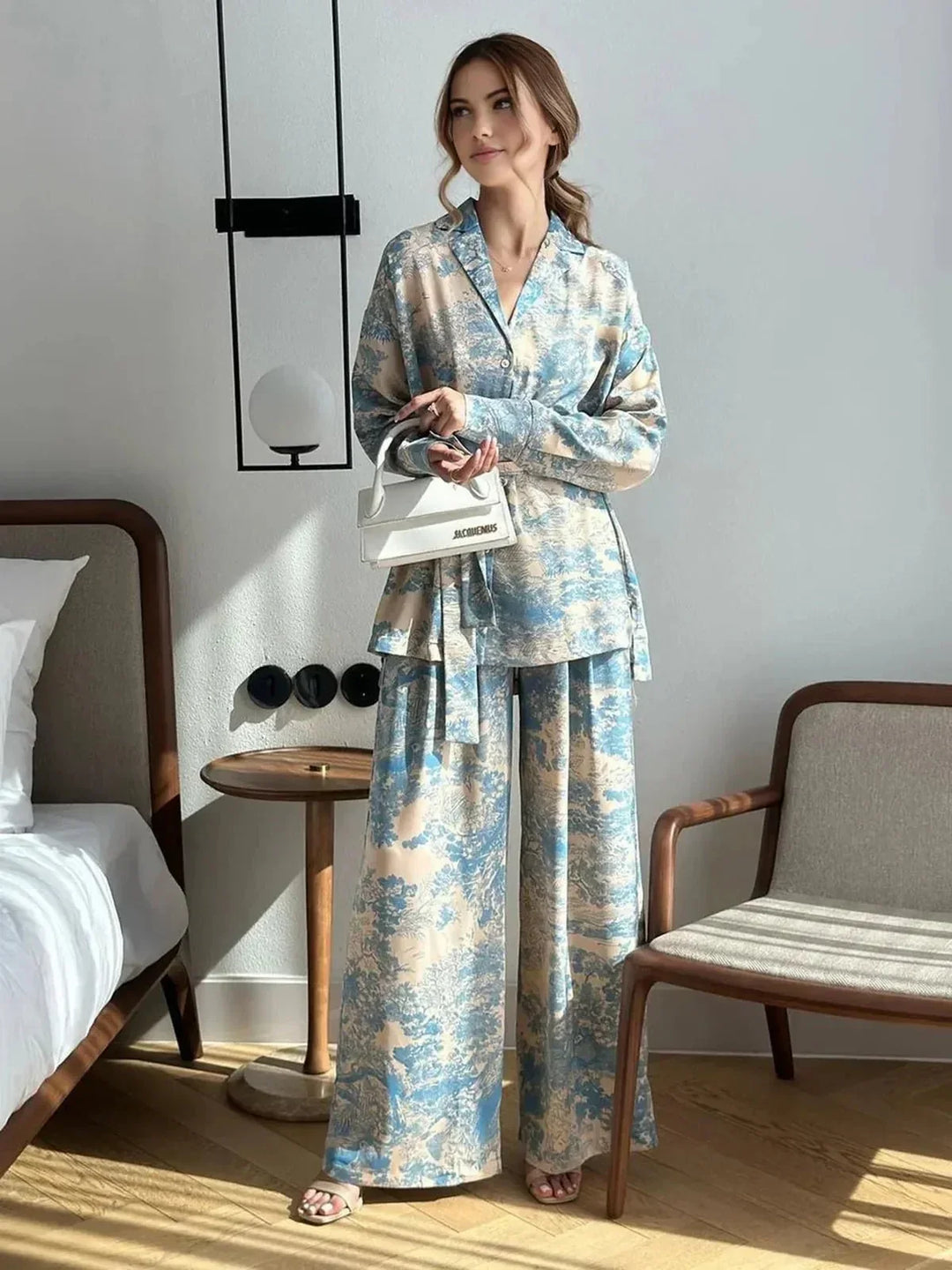 Kvinnors Tryckt Skjorta och Vida Byxor Set – Avslappnad Resa och Tillfälle Outfit