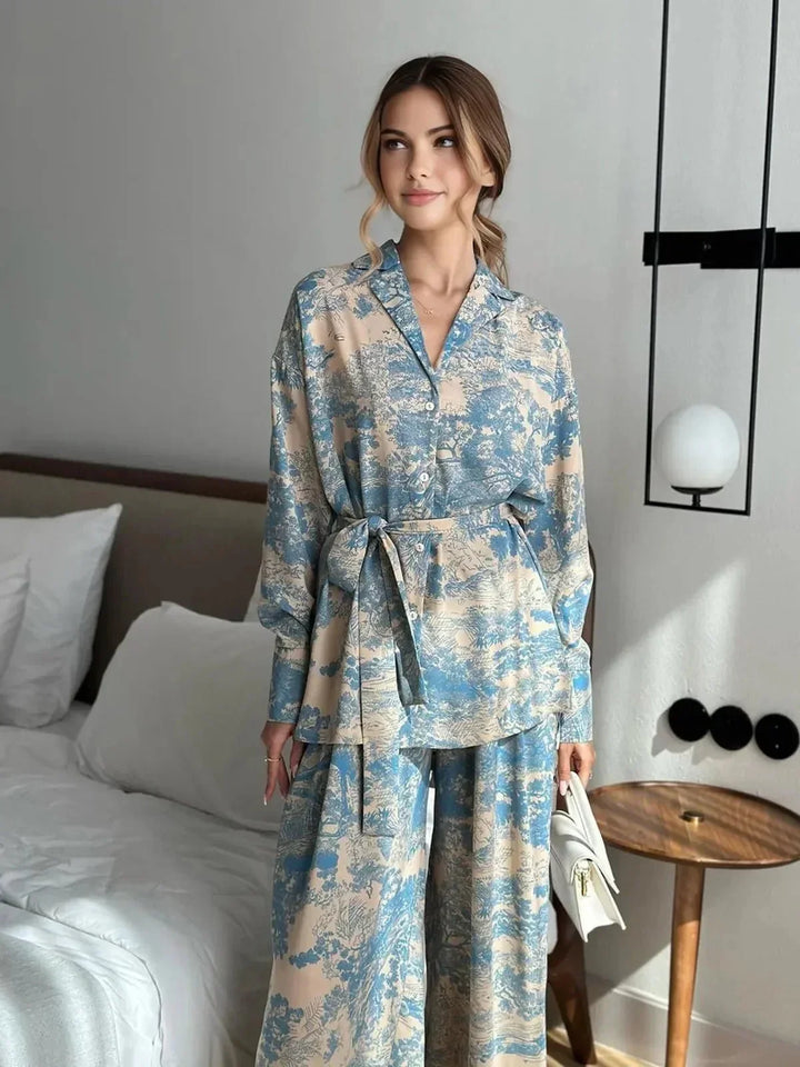 Kvinnors Tryckt Skjorta och Vida Byxor Set – Avslappnad Resa och Tillfälle Outfit