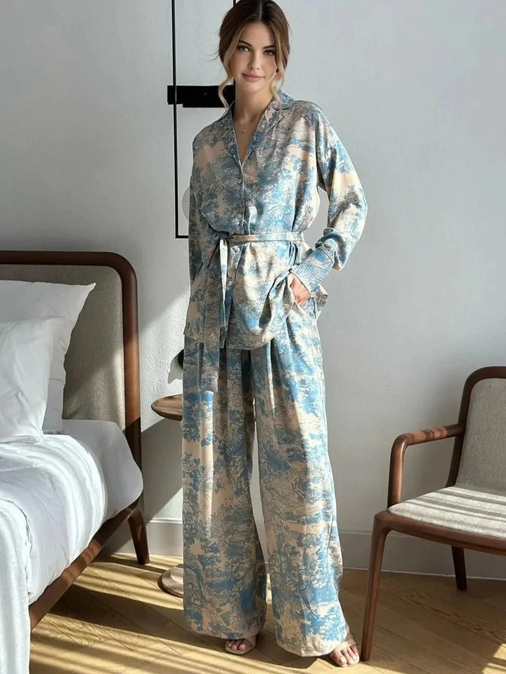 Kvinnors Tryckt Skjorta och Vida Byxor Set – Avslappnad Resa och Tillfälle Outfit