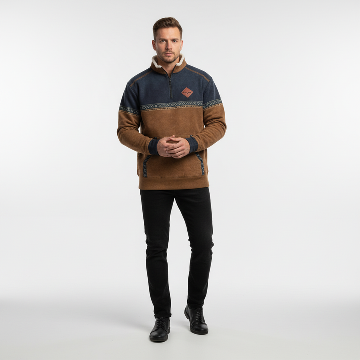 Herrarnas Kvart Zip Fleece Tröja med Sherpa Krage och Tryckt Kant