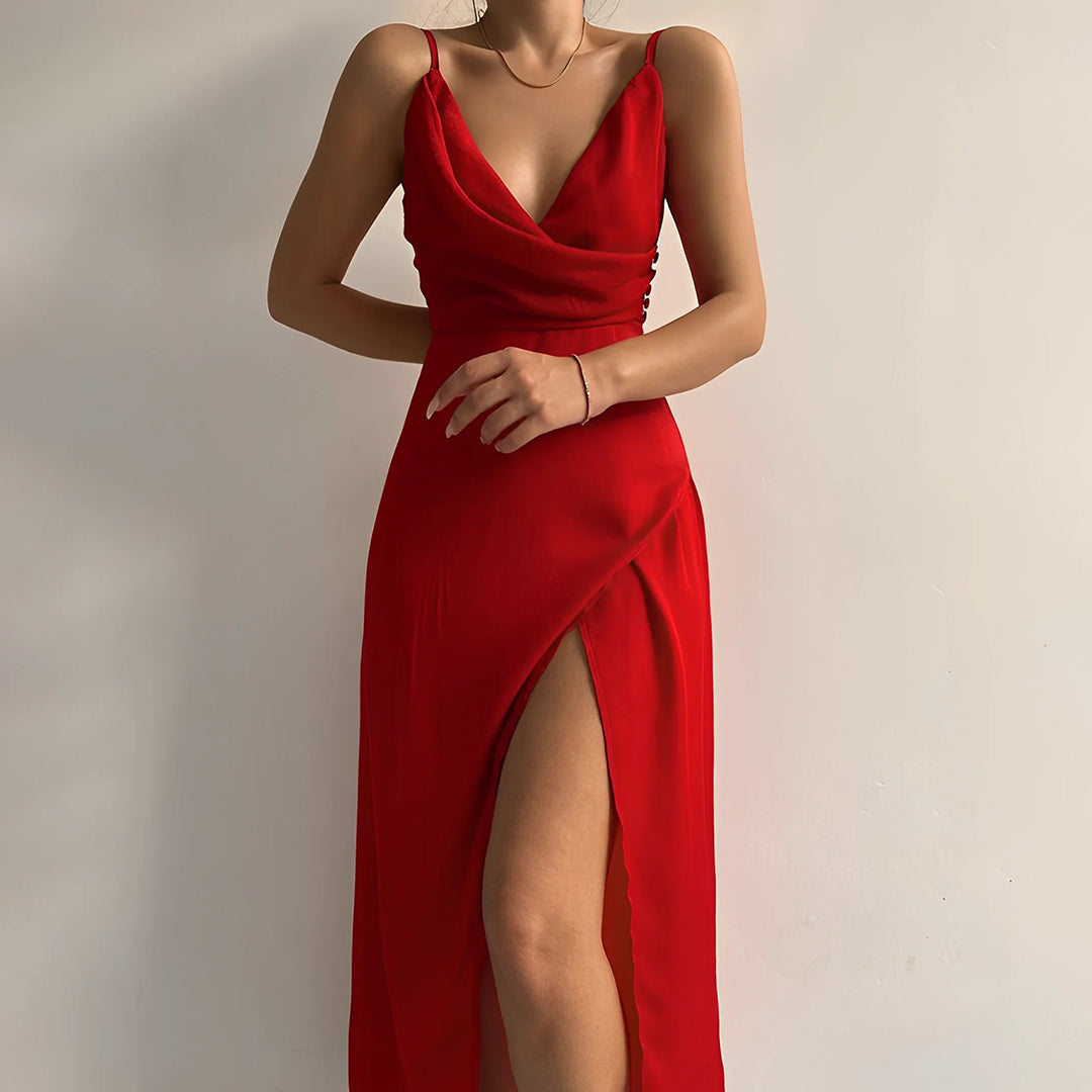 Kvinnors Eleganta Midi Klänning Spaghetti Remmar Rygglös Delad Draperad Kvälls Klädsel