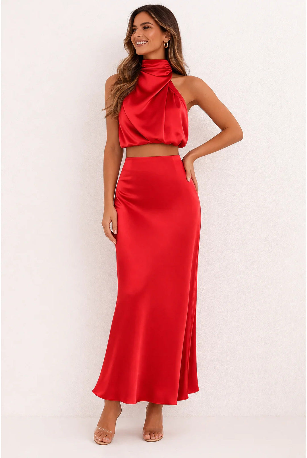 Kvinnors Siden Halterneck Top och Maxi Kjol Set