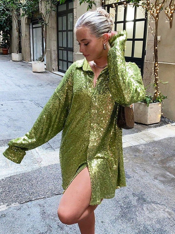 Kvinnors Oversized Paljettblus Glittrande Långärmad Festtop