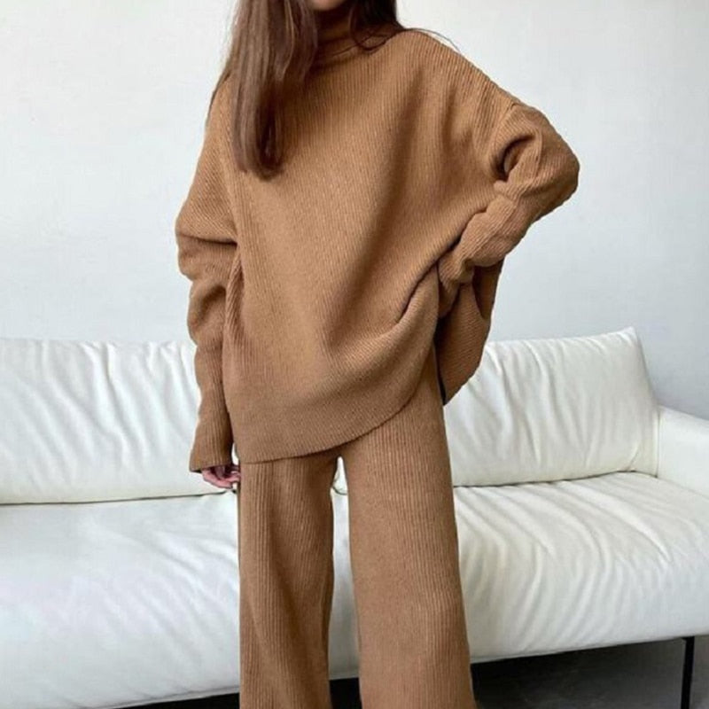 Kvinnors Oversized Stickad Topp och Vida Byxor Set – Avslappnad Tvådelad Loungewear