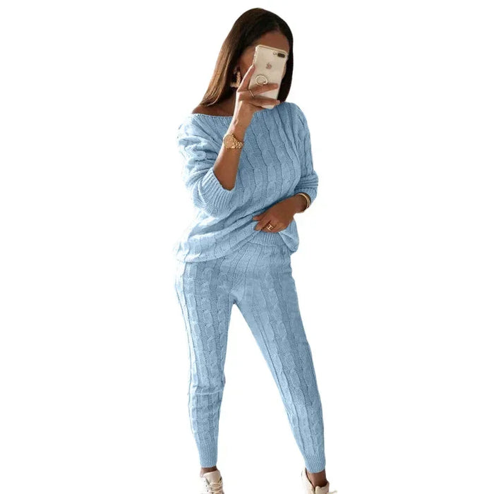 Dam Stickad Loungewear-Set Off-Shoulder med Ribbstickning