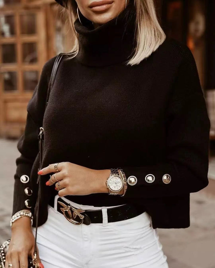 Kvinnors Ribbade Turtleneck Tröja med Knappärmar