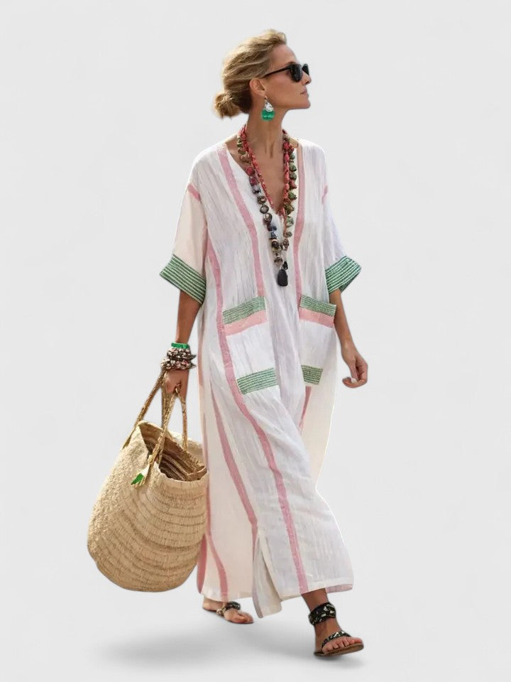 Kvinnors Oversized Randig Kaftan V-Hals Maxi Klänning
