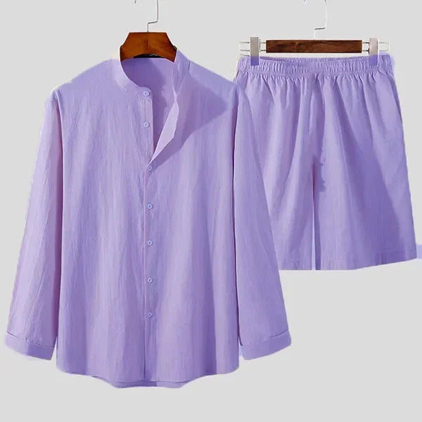Herrarnas linne-bomull sommarset med andningsbar skjorta och shorts, avslappnad passform, semesteroutfit