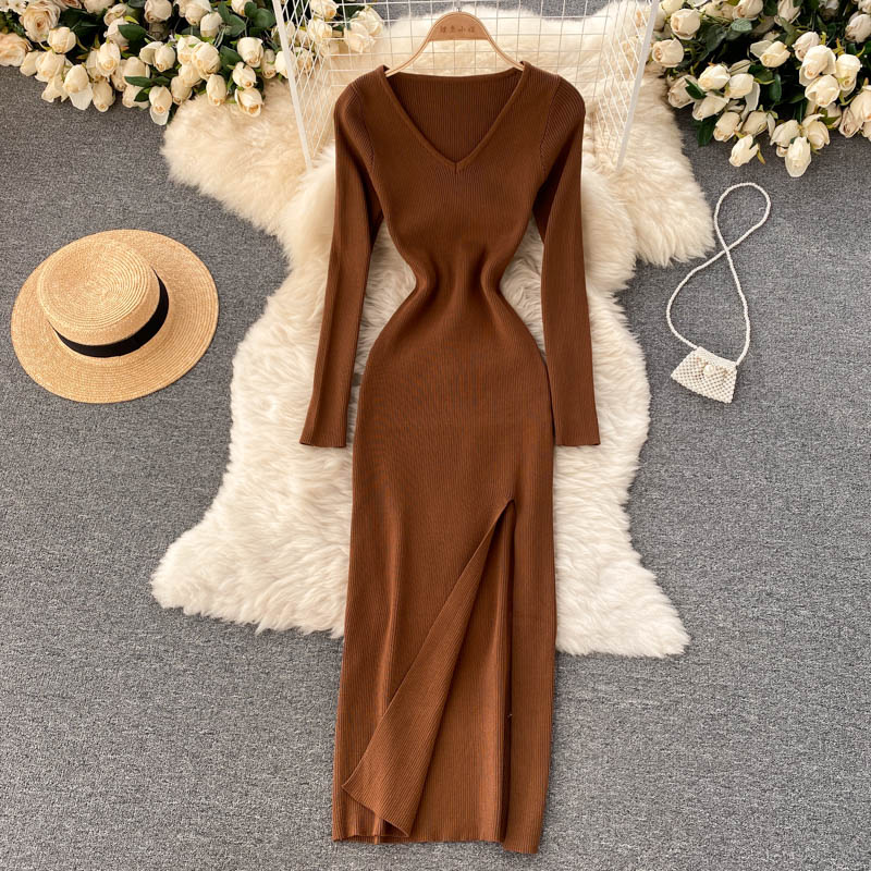 Kvinnors Ribbad Stickad Bodycon Maxi Klänning – Långärmad V-ringad Stil för Höst och Vinter