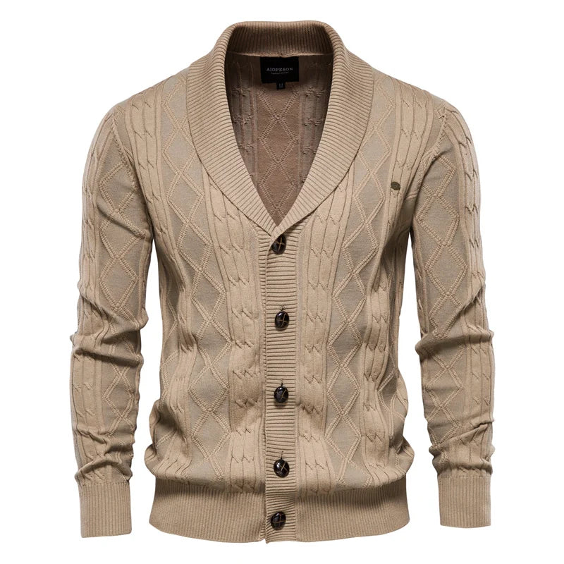 Herrens sjalkrage kabelstickad knap cardigan