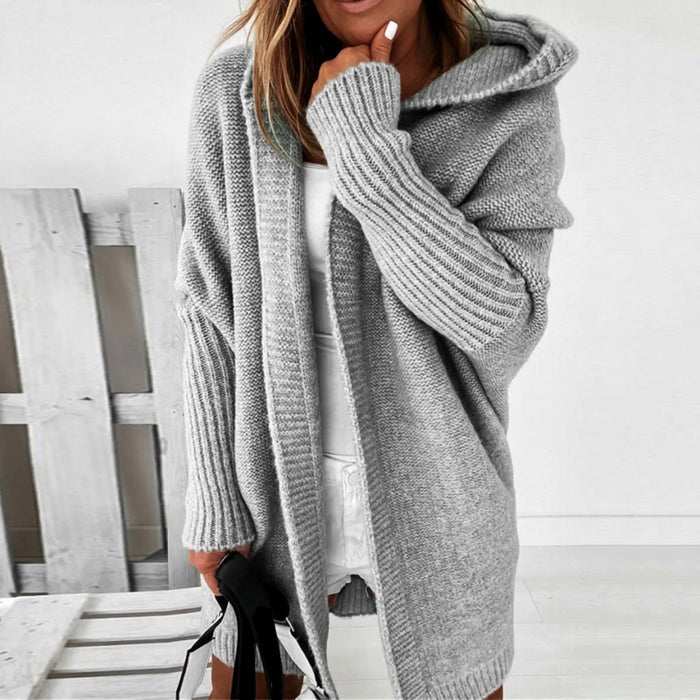 Dam Lång Stickad Cardigan med Huva och Oversized Passform