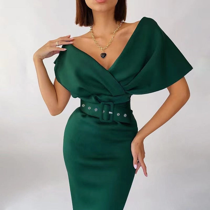 Kvinnors Bodycon Klänning Off Shoulder Strukturerad Bälte Midi Elegans