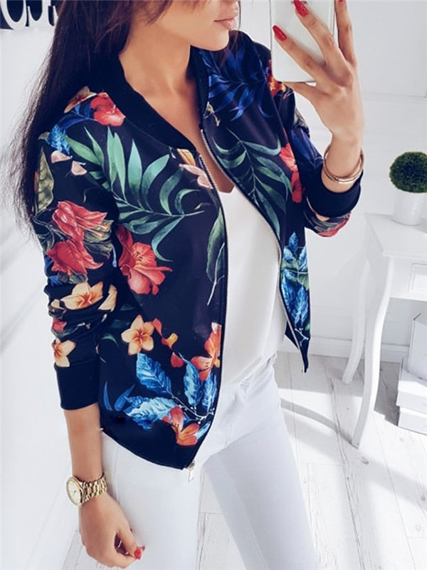 Dam Floral Bomberjacka Dragkedja Framsidan Lätt Casual Lager
