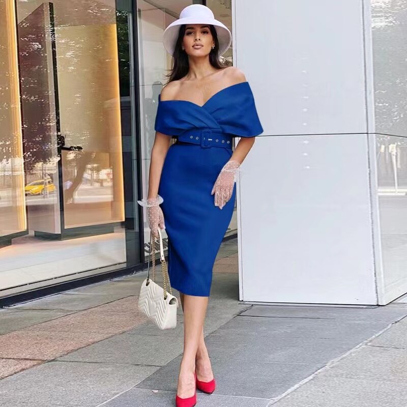 Kvinnors Bodycon Klänning Off Shoulder Strukturerad Bälte Midi Elegans