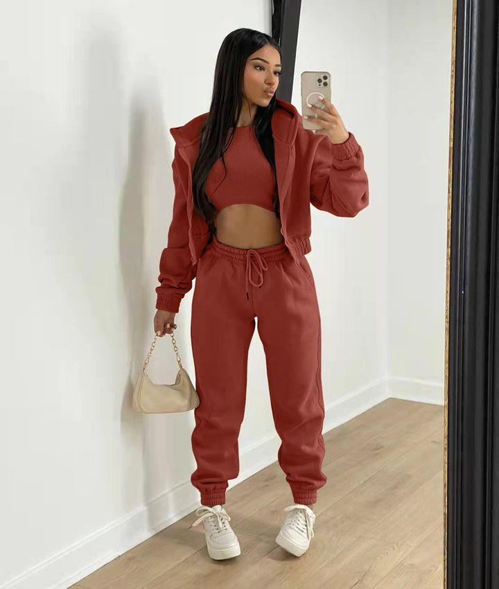 Kvinnors Tre-delade Träningsset – Crop Top, Huva Jacka och Joggers för Höst och Vinter