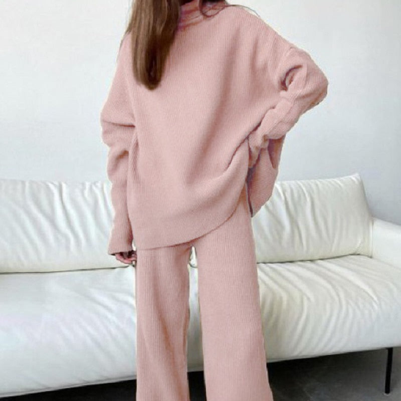 Kvinnors Oversized Stickad Topp och Vida Byxor Set – Avslappnad Tvådelad Loungewear