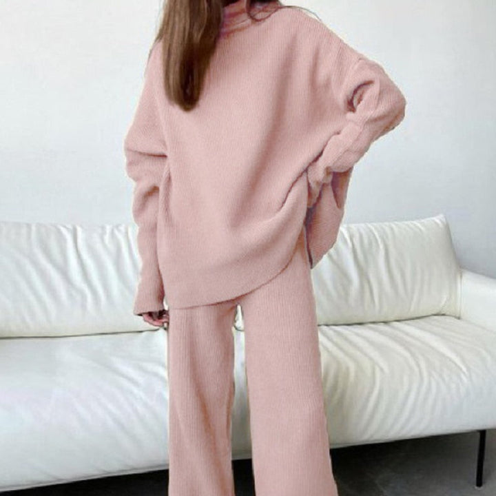 Kvinnors Oversized Stickad Topp och Vida Byxor Set – Avslappnad Tvådelad Loungewear
