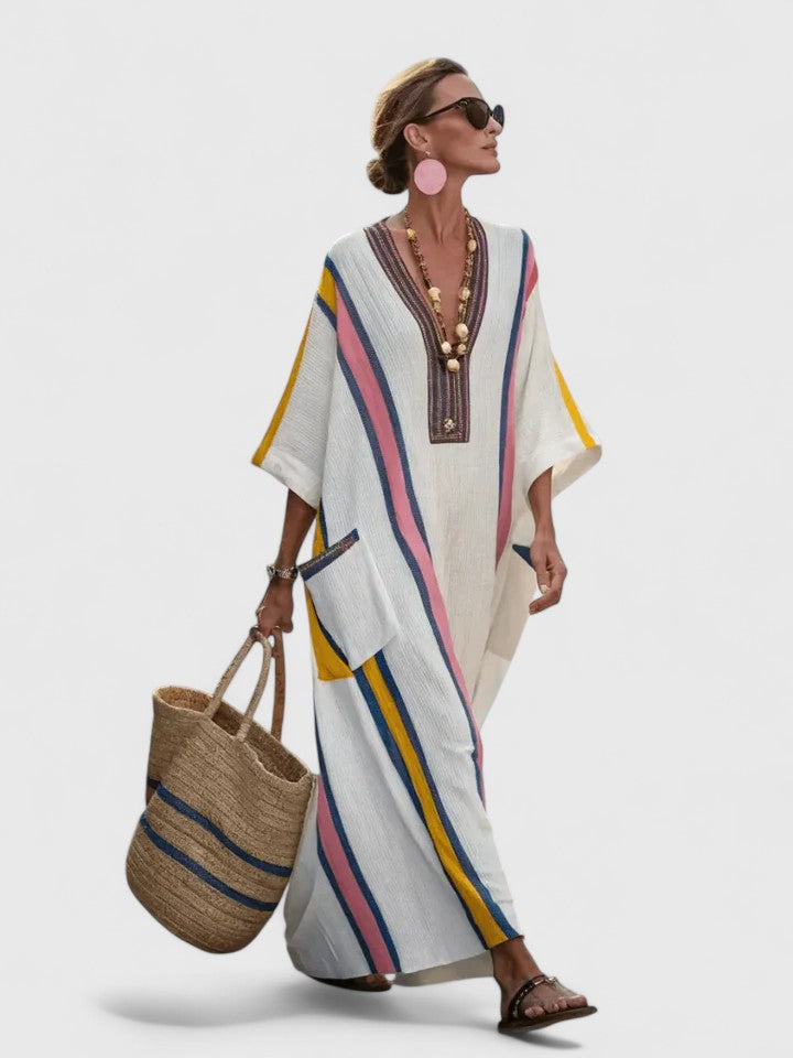 Kvinnors Oversized Randig Kaftan V-Hals Maxi Klänning