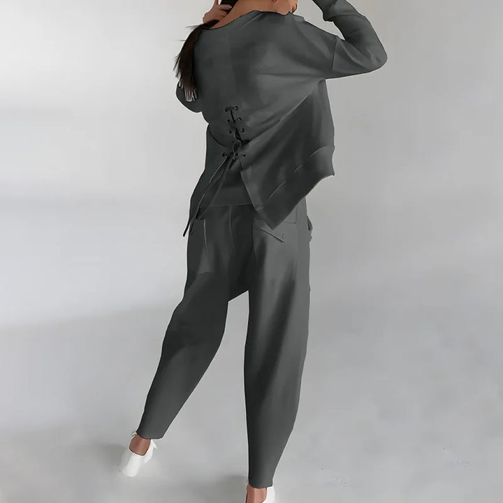 Kvinnors Crew-Neck Sweatshirt och Cargo Jogger Set – Avslappnad Tvådelad Casual Outfit