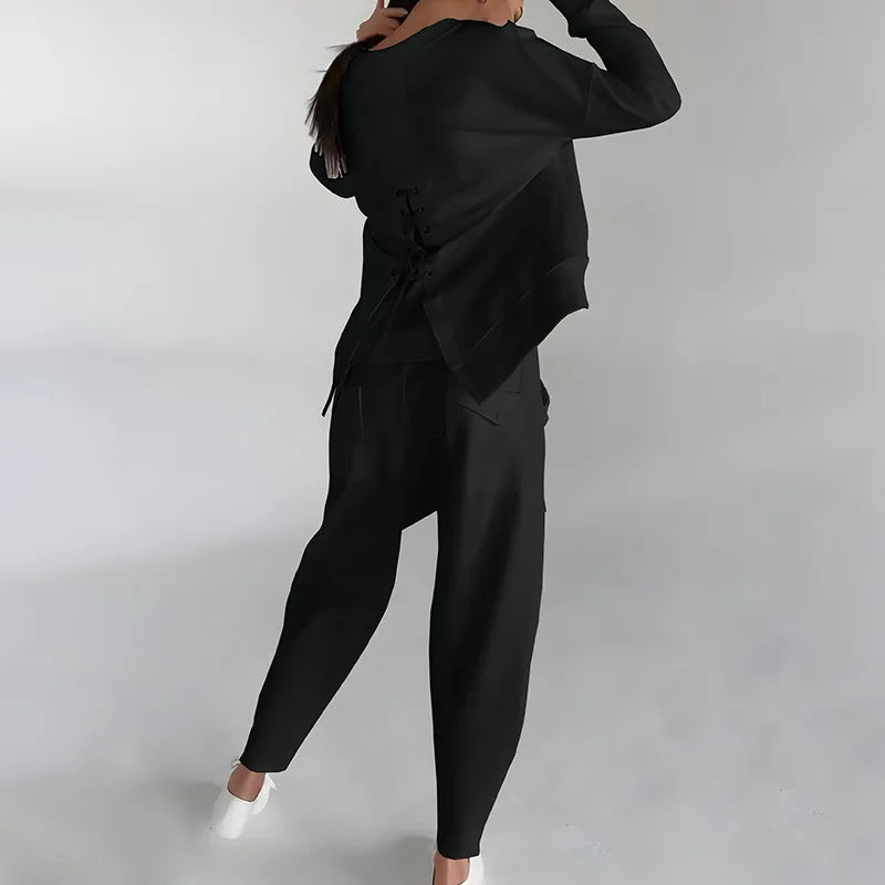 Kvinnors Crew-Neck Sweatshirt och Cargo Jogger Set – Avslappnad Tvådelad Casual Outfit