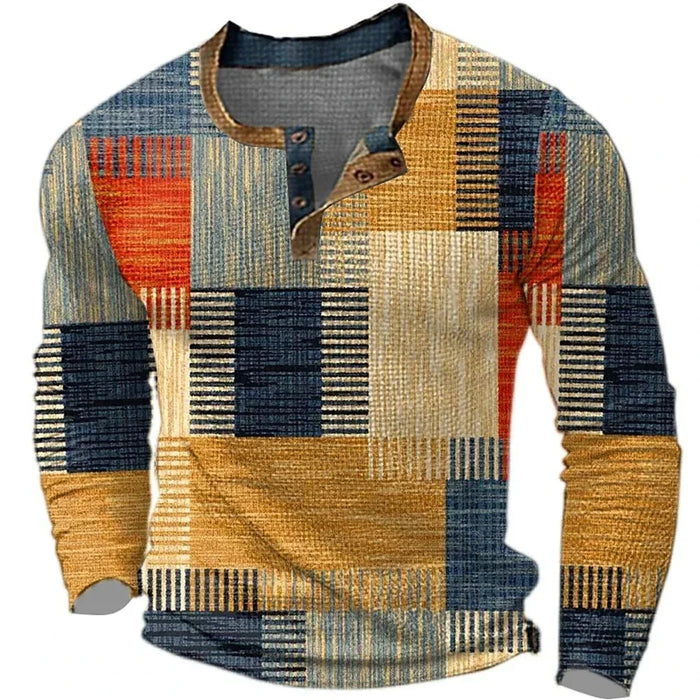 Herr Långärmad Skjorta med Patchworkmönster Rund Hals