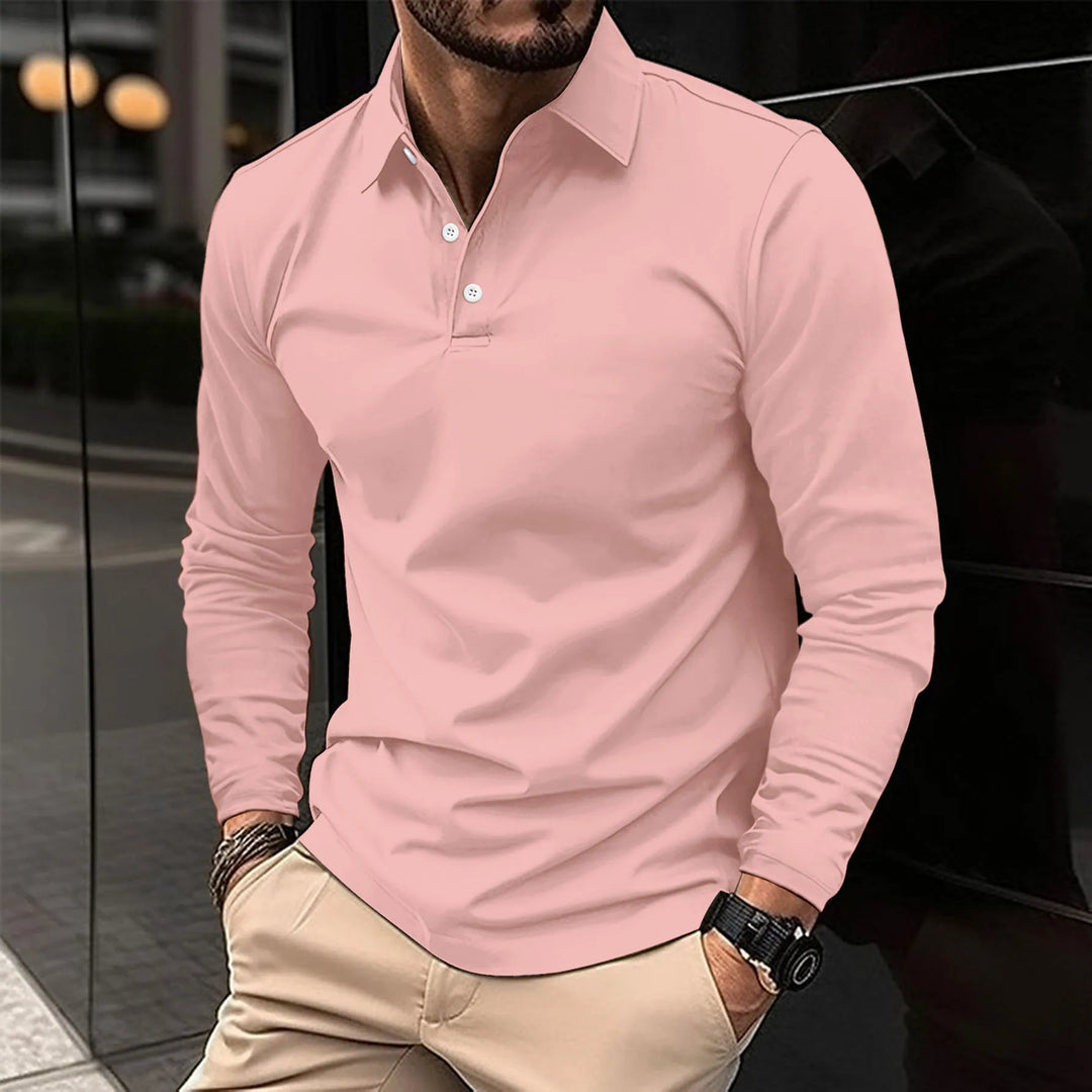 Herr Slim-Fit Långärmad Polo Tröja – Mjuk Smart Casual Topp för Kontor och Kvällsbruk