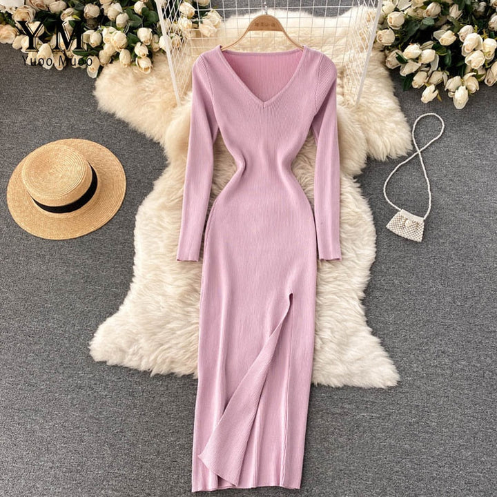 Kvinnors Ribbad Stickad Bodycon Maxi Klänning – Långärmad V-ringad Stil för Höst och Vinter