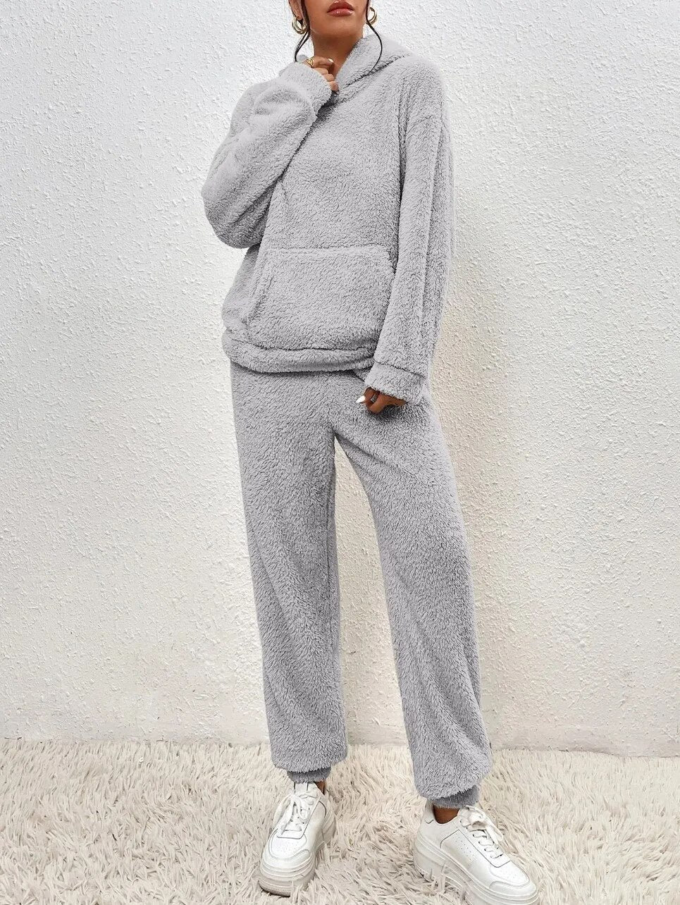 Kvinnors Teddy Lounge Set – Huva Fleece Tvådelad för Vinteravkoppling