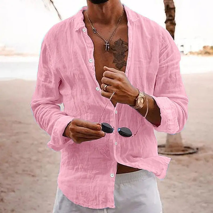 Herrars långärmad linne sommar casual strandskjorta