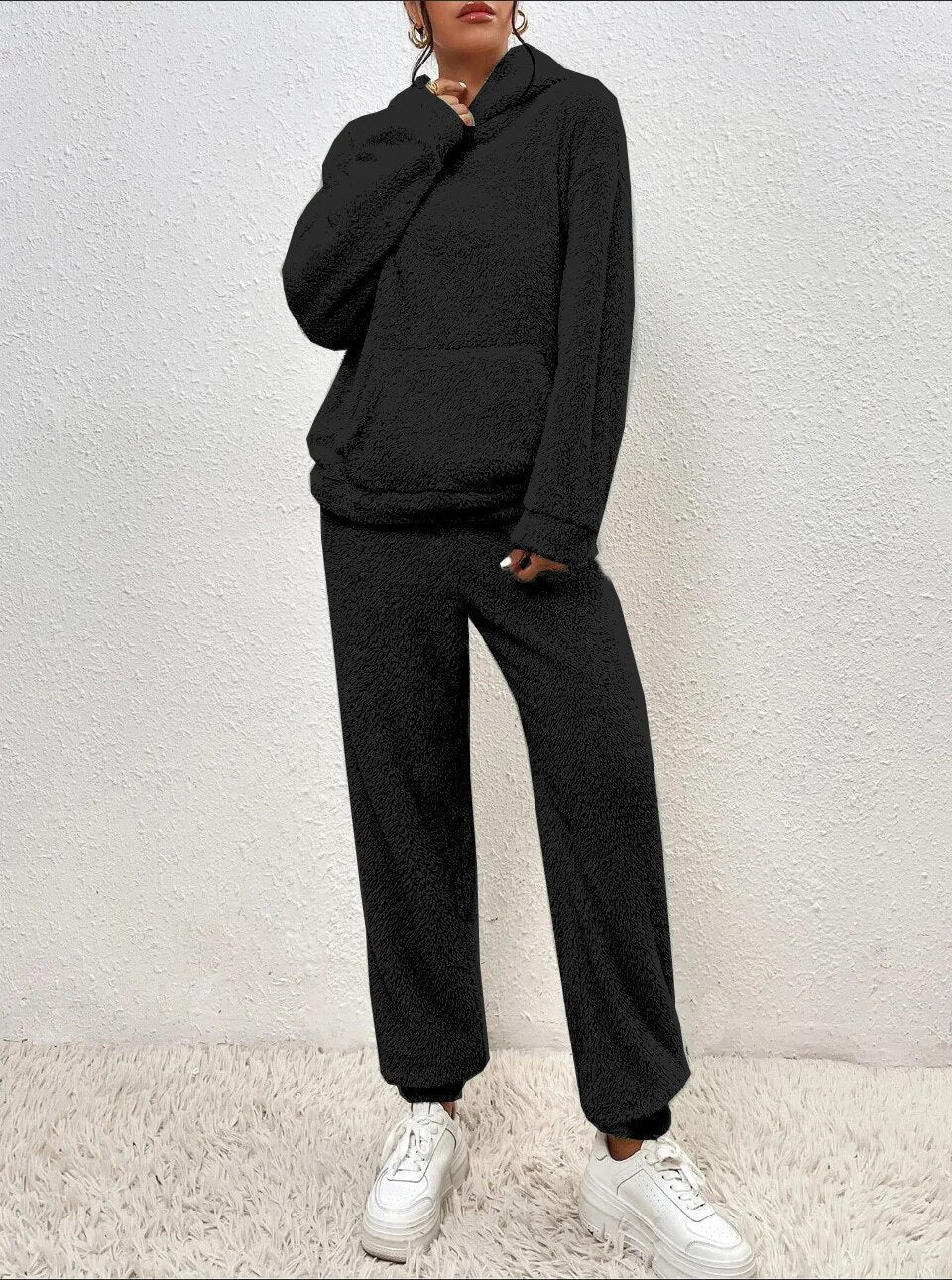 Kvinnors Teddy Lounge Set – Huva Fleece Tvådelad för Vinteravkoppling
