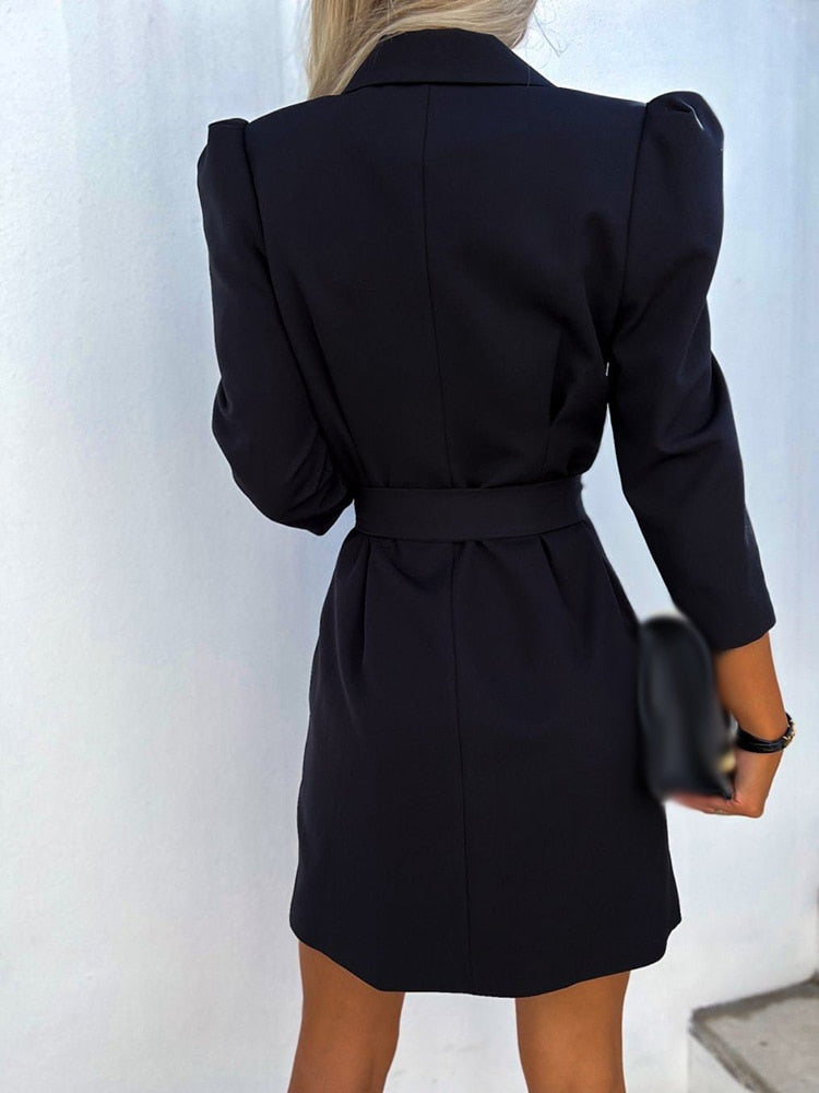 Kvinnors Blazer Klänning Dubbelknäppt Med Bälte i Midjan Skräddarsydd Mini Smart Stil