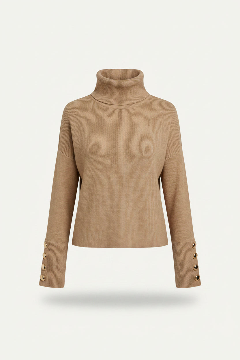 Kvinnors Ribbade Turtleneck Tröja med Knappärmar