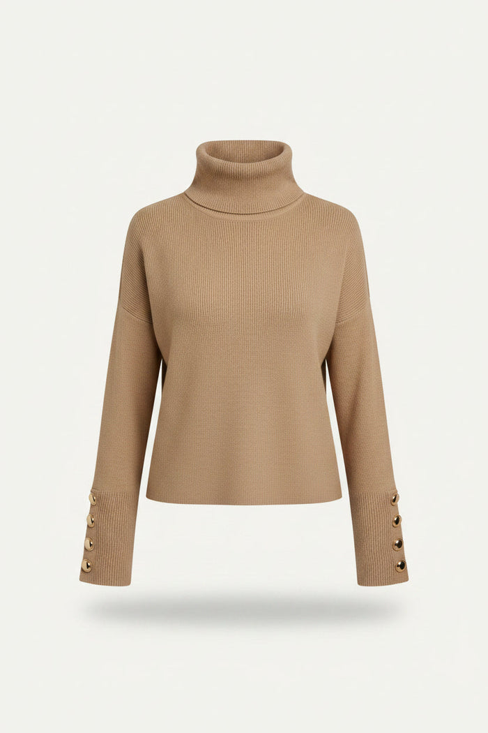 Kvinnors Ribbade Turtleneck Tröja med Knappärmar